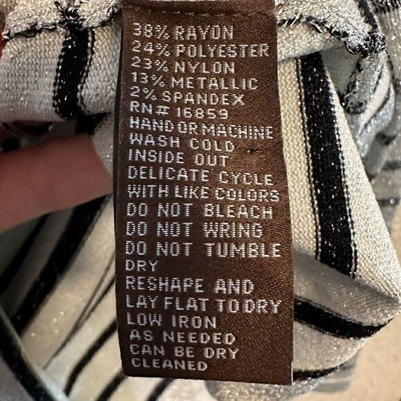 J. Mclaughlin- Silver & Black Metallic Striped Knit Stretch Button Collar Top, S - Picture 5 of 6